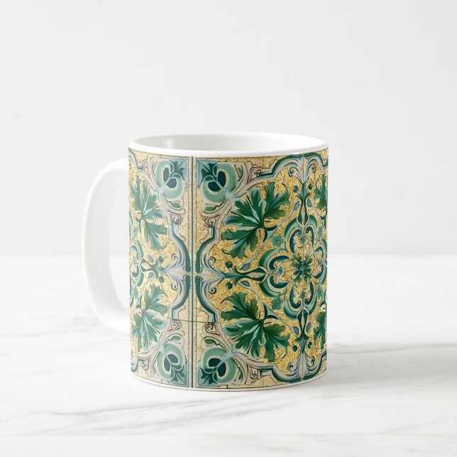 Green Tan Gold Look Talavera Azulejo Tile Coffee Mug (Front Left)