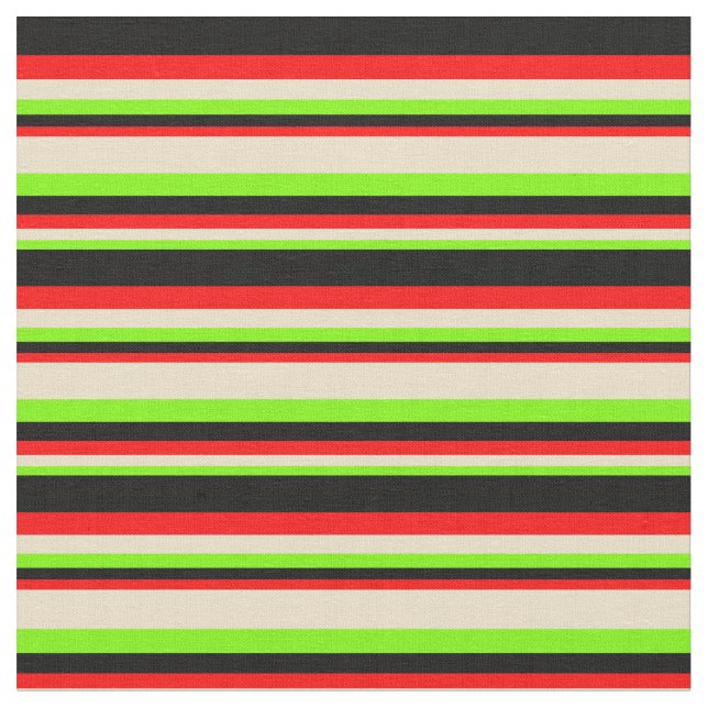 Green, Tan, Red & Black Stripes Fabric (Close Up)