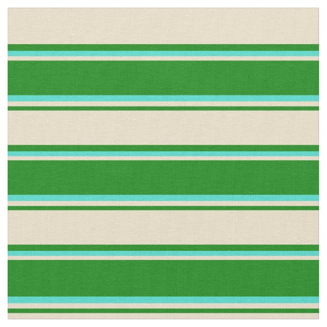 Green, Tan & Turquoise Coloured Lines Pattern Fabric (Close Up)