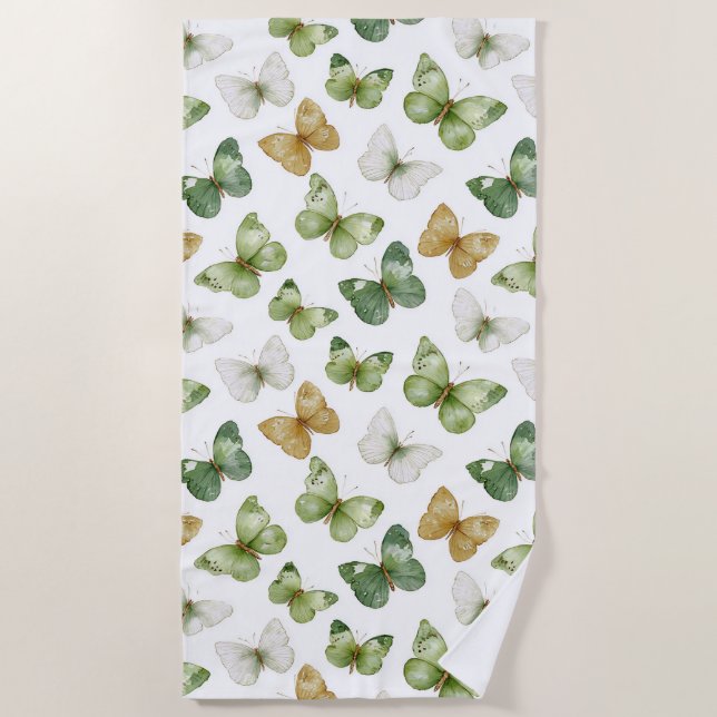 Green Tan White Butterflies Beach Towel (Front)
