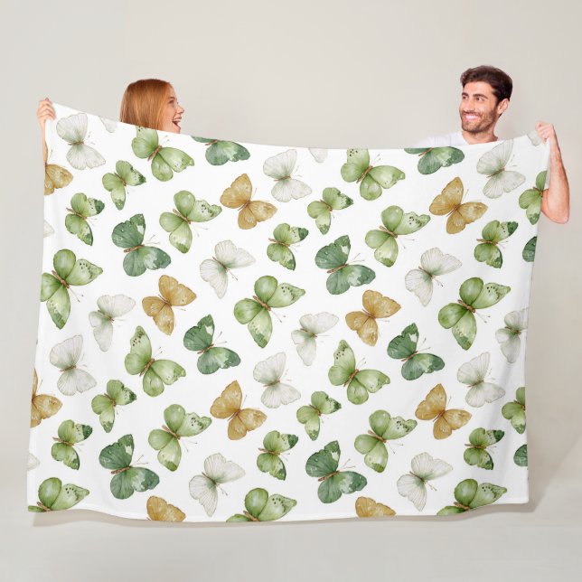 Green Tan White Butterflies Fleece Blanket (In Situ)