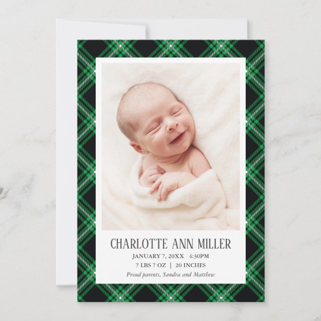 Green Tartan Baby Birth Announcement Photo Card (Front)