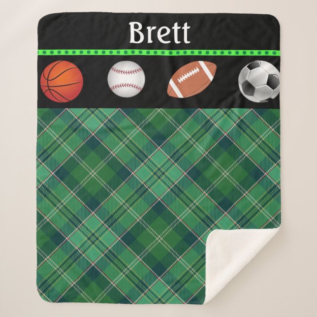 Green Tartan Basketball Baseball Football Soccer  Sherpa Blanket (Front)