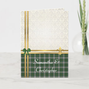 Green tartan  & gold on  damask invitation