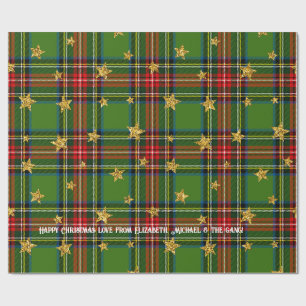 Green Tartan Gold Star Personalised Christmas Wrapping Paper