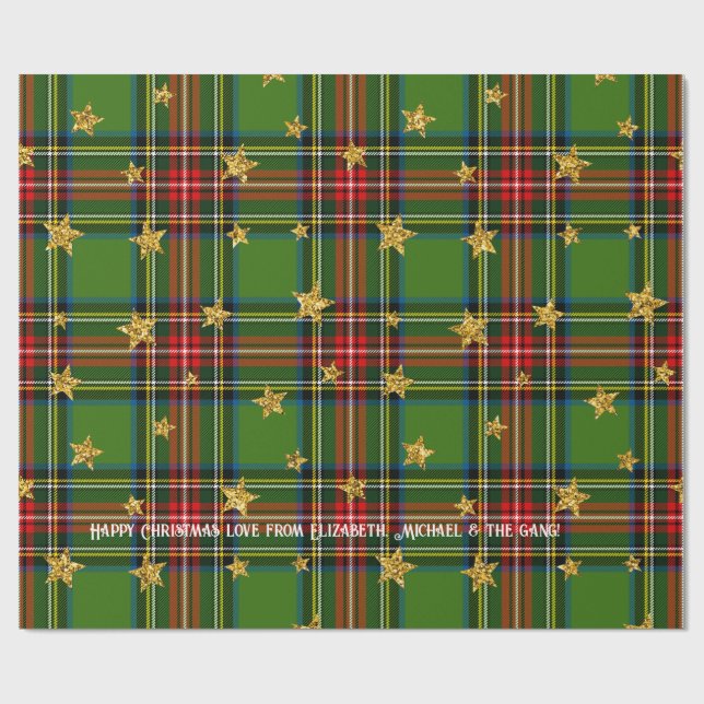 Green Tartan Gold Star Personalised Christmas Wrapping Paper (Flat)