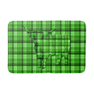 Green Tartan Highland Cow, Memory Foam Bathmat