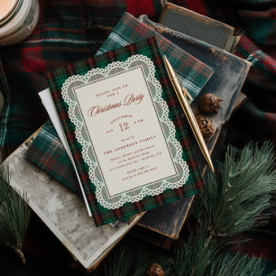 Green Tartan Lace Frame Christmas Party Invitation