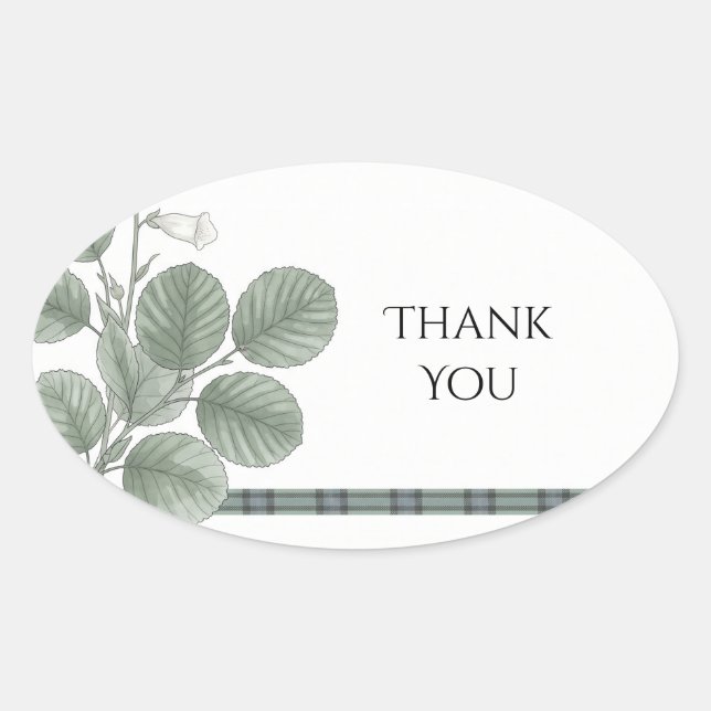 Green Tartan Leaf Wedding Thank You Sticker (Front)