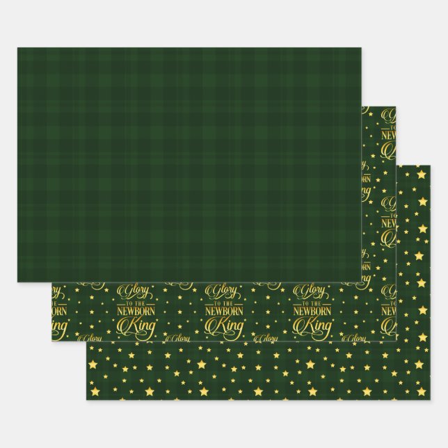 Green Tartan Metallic Glory to Newborn King Stars Wrapping Paper Sheet (Set)