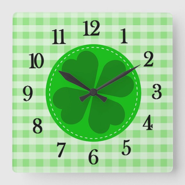 Green Tartan Pattern and Clover Lucky Square Wall Clock (Front)