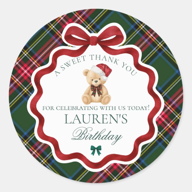 Green Tartan Plaid Christmas Bear Birthday Favor Classic Round Sticker (Front)
