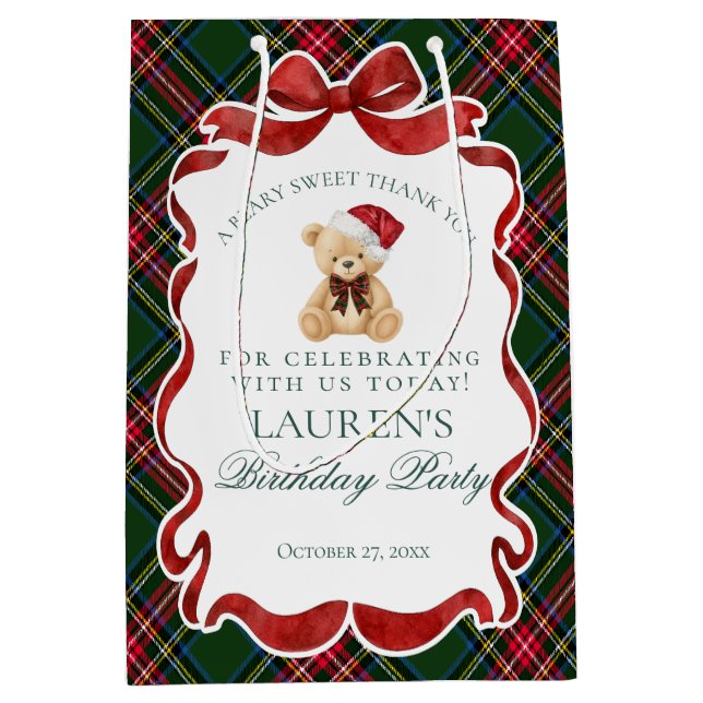 Green Tartan Plaid Christmas Bear Birthday Favors Medium Gift Bag (Front)