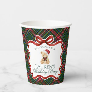Green Tartan Plaid Christmas Bear Birthday Party Paper Cups