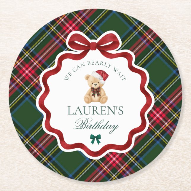 Green Tartan Plaid Christmas Bear Birthday Party Round Paper Coaster (Front)