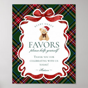 Green Tartan Plaid Christmas Bear Party Favor Sign