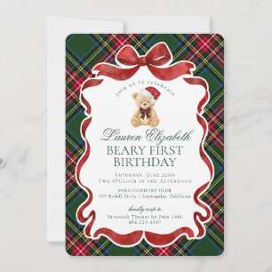 Green Tartan Plaid Christmas Beary First Birthday Invitation