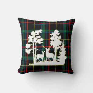 Green Tartan Plaid Cushion With White Silhouette