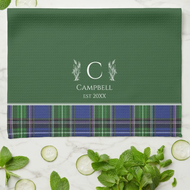 Green Tartan Plaid Custom Name Monogram Tea Towel (Folded)