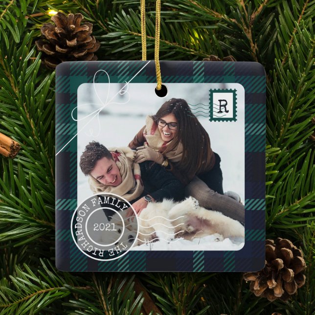 Green Tartan Plaid Delivery Parcel 2 Photo Family Ceramic Ornament (Creator Uploaded)