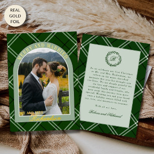Green Tartan Plaid First Christmas Married Photo