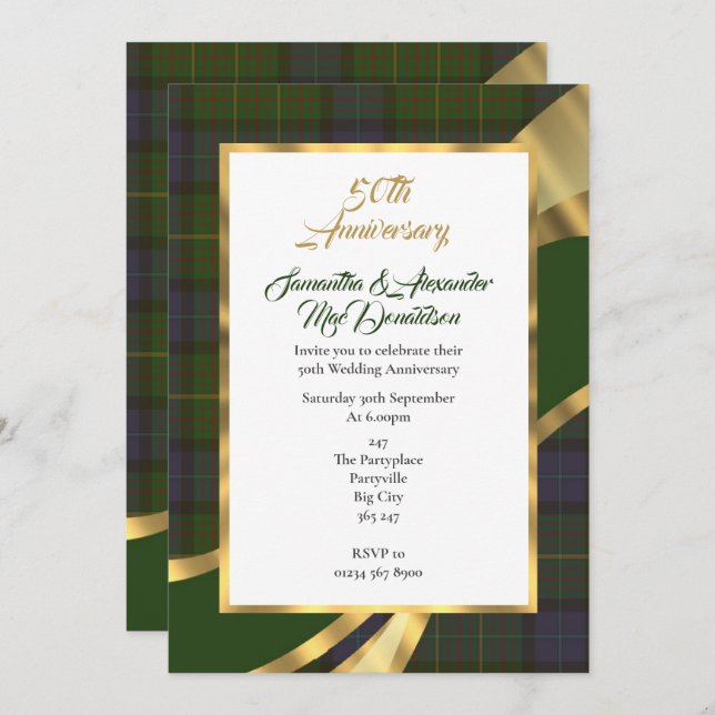 Green tartan plaid golden wedding anniversary invitation (Front/Back)