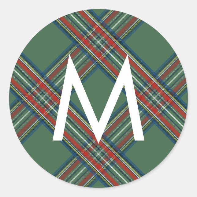 Green Tartan Plaid Monogram Classic Round Sticker (Front)