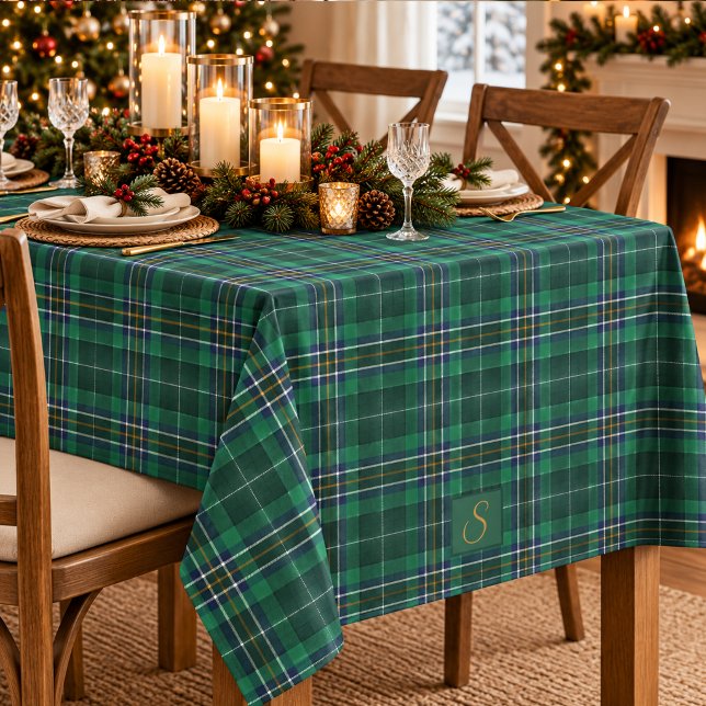 Green Tartan Plaid Monogram Tablecloth (Creator Uploaded)
