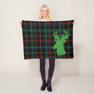 Green Tartan Plaid Pattern with Deer Silhouette Fleece Blanket
