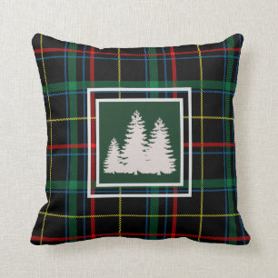 Green Tartan Plaid  white  Pine Tree  Silhouette Cushion