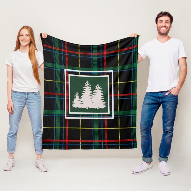 Green Tartan Plaid  & White  Pine Tree  Silhouette Fleece Blanket (In Situ)