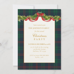 Green Tartan Plaid with Garland Christmas Party Invitation