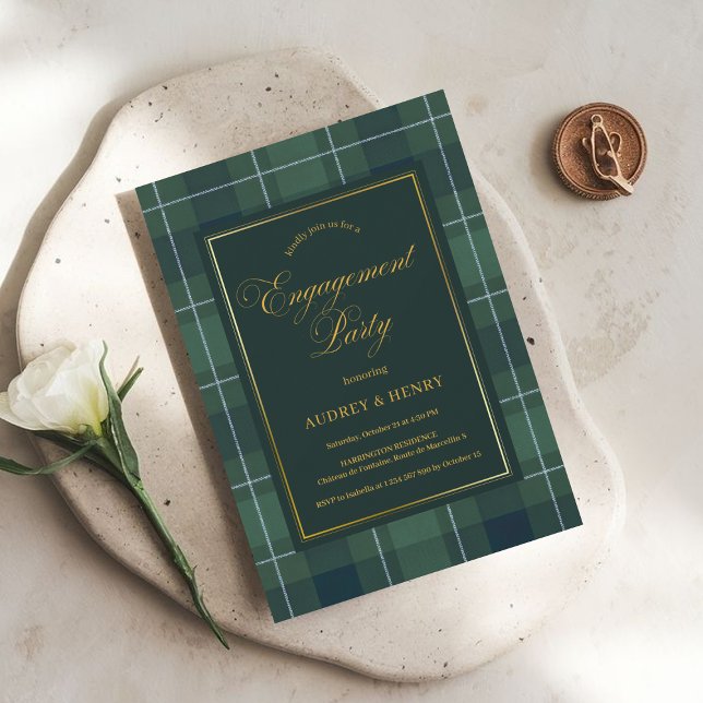 Green Tartan Polo Plaid Vintage Engagement Party Invitation (Creator Uploaded)