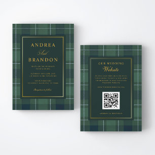 Green Tartan Polo Plaid Vintage QR Code Wedding Invitation