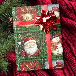 Green Tartan Santa Snowman Reindeer Christmas Wrapping Paper