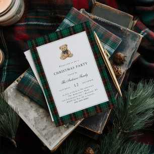 Green Tartan Teddy Bear Christmas Party Invitation