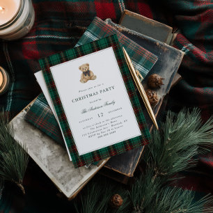 Green Tartan Teddy Bear Christmas Party Invitation