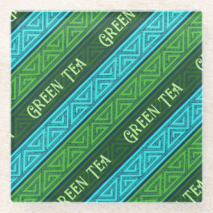 Green Tea Leafy Green & Aqua Blue Celtic Stripes Glass Coaster