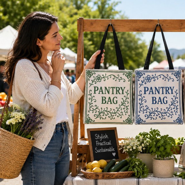 "GREEN-TEA" PANTRY BAG - CHINOISERIE TOTE  (Our Totes: "GREEN TEA" (l); "BLUEBERRY" (r); 2 sizes)