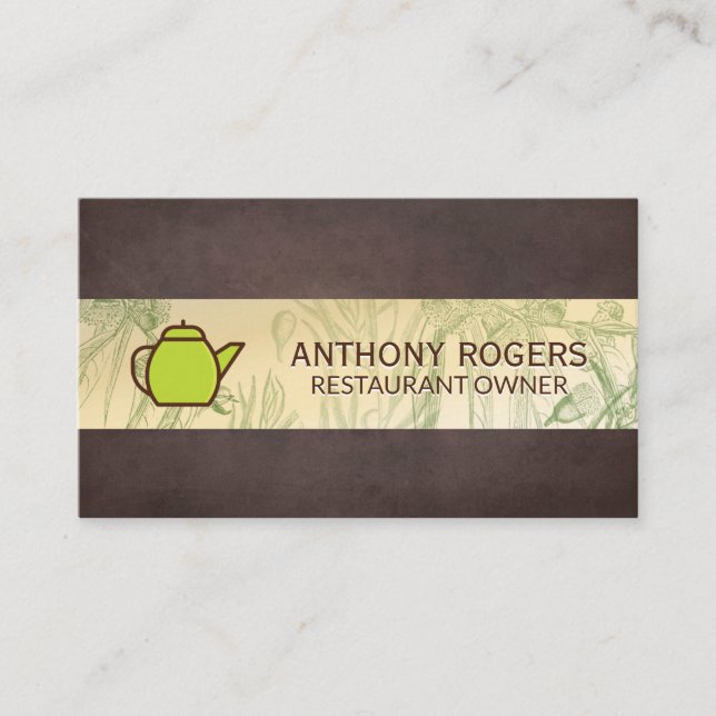 Green Tea Pot | Herbal Plants | Brown Texture Loyalty Card (Front)
