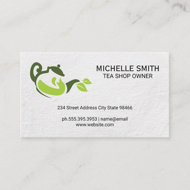 Green Tea Pot Leaves Logo | Hot Beverage Business Card (Front)