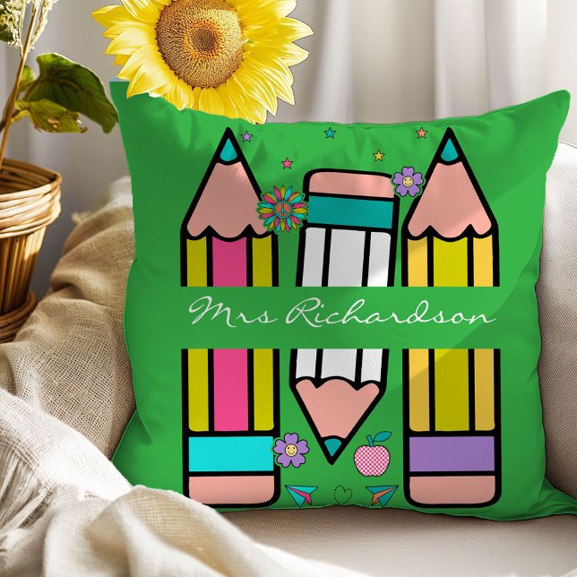 Green Teacher Colourful Pencil Name Throw Pillow (Creator Uploaded)
