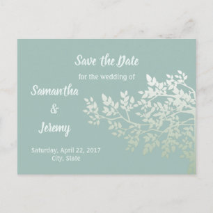 Green Teal and White Tree Branch and Leaves Announcement Postcard