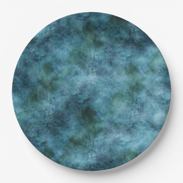 Green Teal Aqua Blue Earth Ocean Marble Abstract Paper Plate (Front)