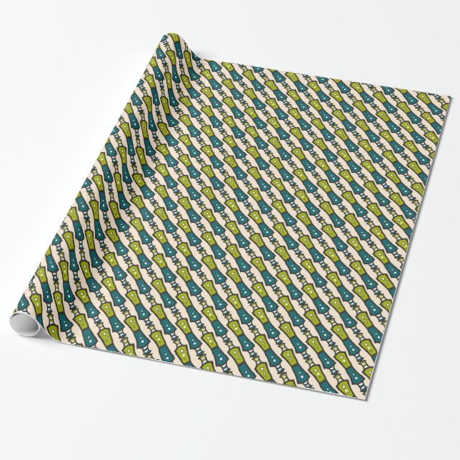 Green Teal Black Cream Tribal Wrapping Paper (Unrolled)