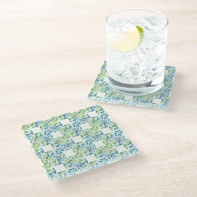 Green Teal Bloom Pattern Coaster (Angled)