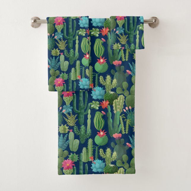Green Teal Blooming Cacti Pattern Bath Towel Set (Insitu)