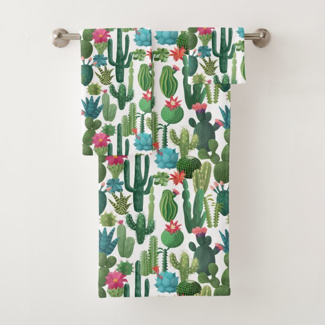 Green Teal Blooming Cacti Pattern Bath Towel Set (Insitu)