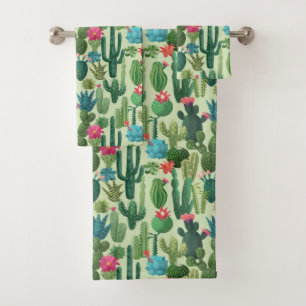 Green Teal Blooming Cacti Pattern Bath Towel Set