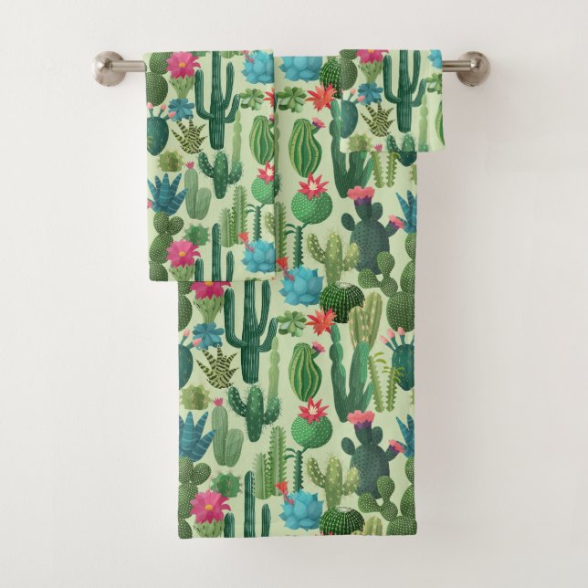 Green Teal Blooming Cacti Pattern Bath Towel Set (Insitu)